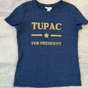 Forever 21 Tupac forPRESIDENT  Medium blue women’s cut T-shirt gold glitter SZ M